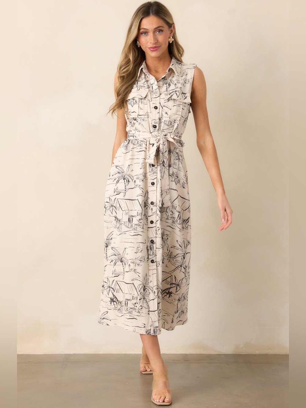 Dress Forum | Tropical Palm Sketch Maxi Dress | Linen Blend | Size M